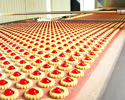 Processing of cookies in a food factory.